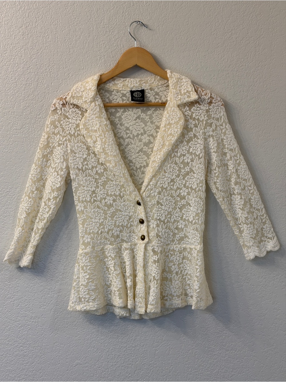 Vintage-Inspired Cream Lace Peplum Top with Buttons